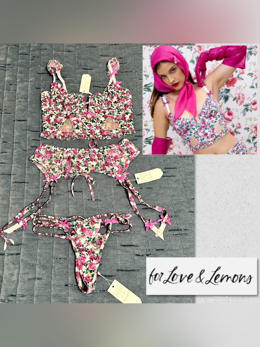 For Love And Lemons Heart Bloom Bustier with Garter and Thong Panty